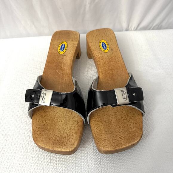 Dr Scholls Sandals Womens 8 M Black Leather Wooden Exercise Clog Slide Brazil - Picture 3 of 11